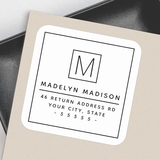 Modern monogram minimalistisch wit retouradres vierkante sticker