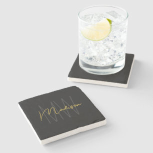 Modern Monogram Naam Script Zwart Goud Stenen Onderzetter