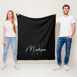 Modern Monogram Naam Script Zwart Wit Fleece Deken