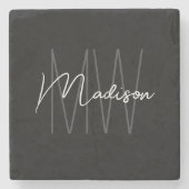 Modern Monogram Naam Script Zwart Wit Stenen Onderzetter (Voorkant)