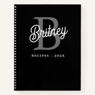 Modern Monogram Naam Zwart Grijs Script Recept Notitieboek