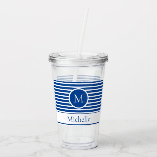 Modern monogram Nautical Blue Stripes Acryl Drinkbeker (Achterkant)