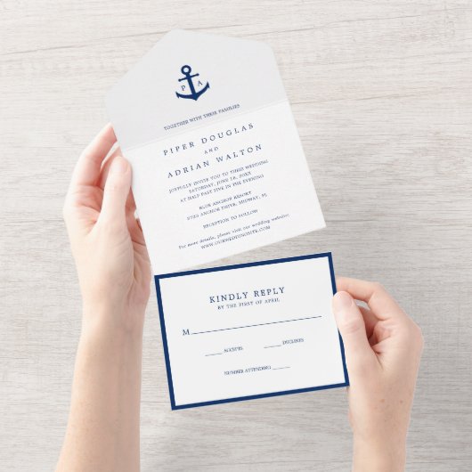 Modern Monogram nautisch anker Elegante bruiloft All In One Uitnodiging (Afscheurbaar)