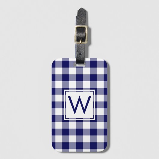 Modern Monogram Navy and White Gingham Pattern Bagagelabel (Voorkant (verticaal))