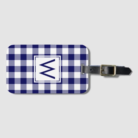 Modern Monogram Navy and White Gingham Pattern Bagagelabel (Voorkant (horizontaal))