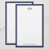Modern Monogram Navy Blauw Wit Aangepaste Naam Briefpapier (Voorkant / Achterkant)