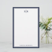 Modern Monogram Navy Blauw Wit Aangepaste Naam Briefpapier (Staand voorkant)