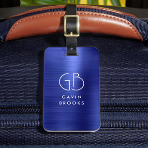 Modern Monogram Navy Blue Brushed Glam Metallic Bagagelabel