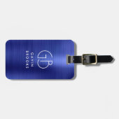 Modern Monogram Navy Blue Brushed Glam Metallic Bagagelabel (Voorkant horizontaal)