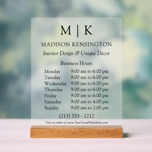 Modern Monogram or Add Logo Business Hours (Neutre)