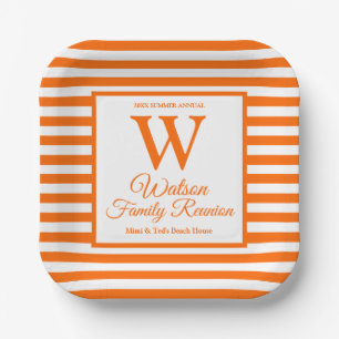 Modern monogram Oranje Stripes Familie Reunion Papieren Bordje