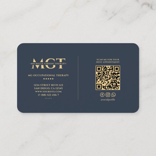 Modern Monogram Pediatric Therapeut Elegant Blue Visitekaartje (Achterkant)