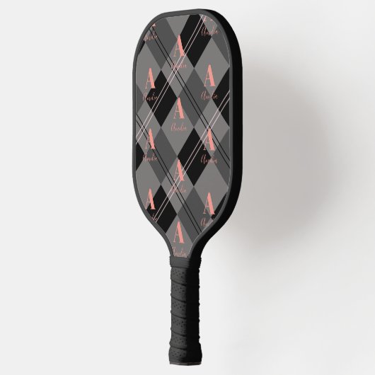 Modern Monogram Plaid Grijs Zwart Roze Pickleball Paddle (Links)