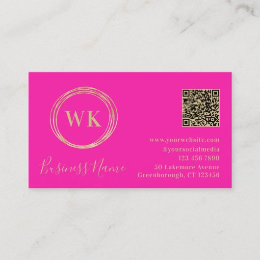 Modern Monogram QR Code Hot Pink Gold Visitekaartje (Voorkant)