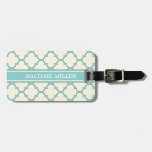 Modern Monogram Quatrefoil Pattern Ivory Turquoise Bagagelabel