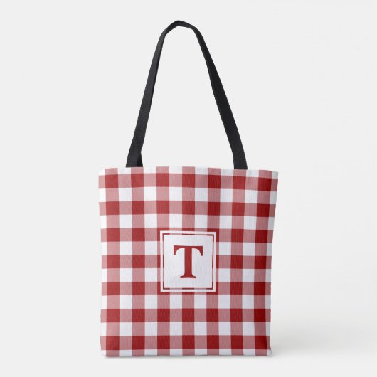 Modern Monogram Red en White Gingham Pattern Draagtas (Achterkant)
