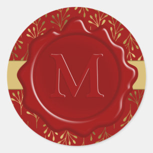 Modern Monogram Red Wax Seal Gold Leaf Patroon Ronde Sticker