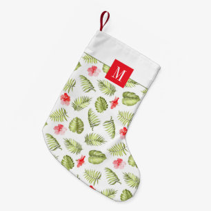 Modern Monogram Rood Groen Botanisch Palmblad Kleine Kerstsok