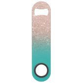 Modern monogram roos goud glitter ombre turquoise speed flessenopener (Achterkant)