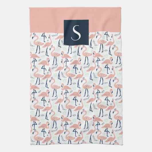 Modern Monogram roze Flamingo patroon Theedoek (Verticaal)