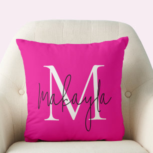 Modern Monogram Script Naam Hot Pink Kussen