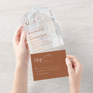 Modern Monogram Terracotta Overlay Photo Wedding All In One Uitnodiging