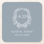 Modern Monogram Trouwstof Dusty Blue Wapenembleem Vierkante Kartonnen Onderzetter (Voorkant)