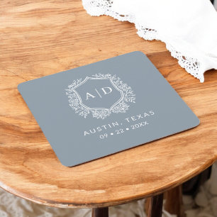 Modern Monogram Trouwstof Dusty Blue Wapenembleem Vierkante Kartonnen Onderzetter