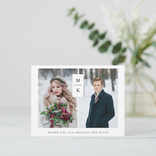 Modern Monogram | Twee foto-bruiloft Dank u Briefkaart (Staand voorkant)