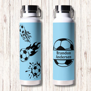 Modern Monogram Voetbal Liefhebber Blauw Zwart Waterfles