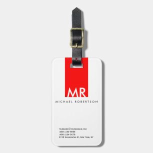 Modern Monogram White Red Minimalist Bagagelabel
