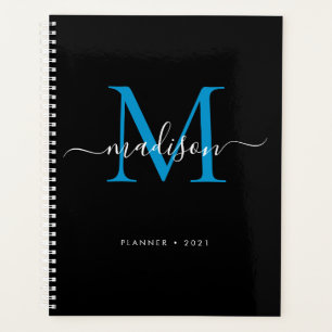 Modern Monogram Zwart Blauw Girly Script Naam 2021 Planner