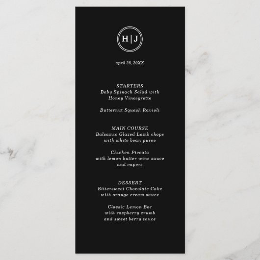 Modern Monogram Zwart Bruiloft Menu (Voorkant)