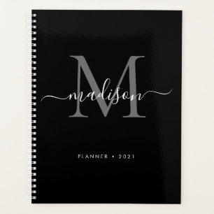Modern Monogram Zwart Grijs Girly Script Naam 2021 Planner