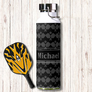 Modern Monogram Zwart Grijs Pickleball Patroon Waterfles