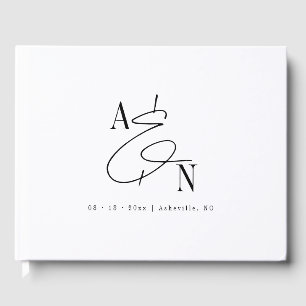 Modern Monogram Zwart Wit Elegant Bruiloft Gastenboek