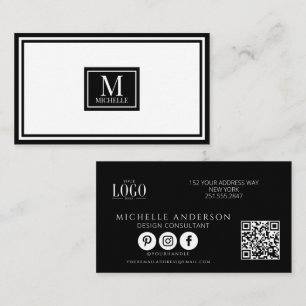 Modern Monogram Zwart & Wit Rand Logo QR Visitekaartje