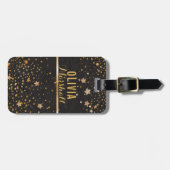 Modern Monogram | Zwarte leder Gold Glitter Stars Bagagelabel (Voorkant horizontaal)