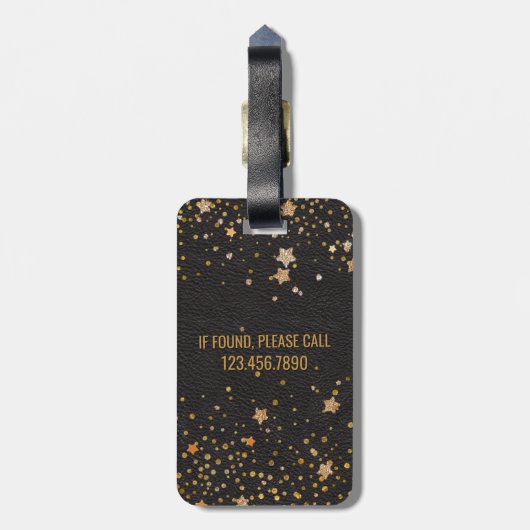 Modern Monogram | Zwarte leder Gold Glitter Stars Bagagelabel (Achterkant verticaal)