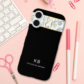 Modern Monogramm Cute Black Floral Pattern  iPhone 16 Hoesje