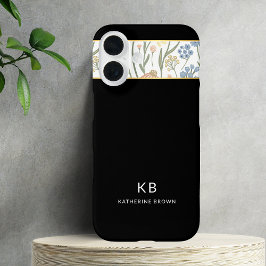 Modern Monogramm Cute Black Floral Pattern  iPhone 16 Hoesje