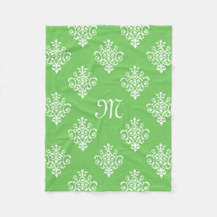 Modern Monogrammed Bright Green Damask Pattern Fleece Deken
