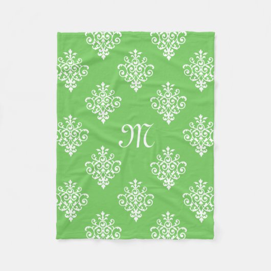 Modern Monogrammed Bright Green Damask Pattern Fleece Deken (Voorkant)