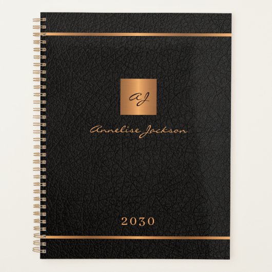 Modern monogrammed zwart goud elegante naam script planner (Voorkant)