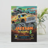 Modern Monster Truck Bash Jongen Verjaardagsfeest Kaart (Staand voorkant)