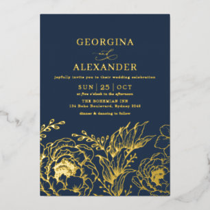 Modern Moody Navy Blue Gold Botanicals Wedding Folie Uitnodiging