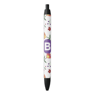 Modern Mooie Kleurrijke Bloem Motief Paarse Monogr Zwarte Inkt Pen