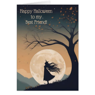 Modern Moonlit Witch Halloween Kaart Beste Vriend