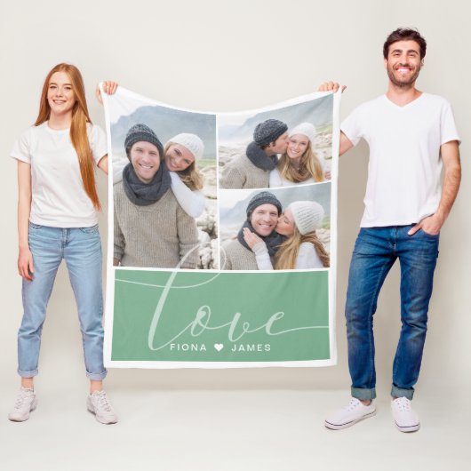 Modern Moss Green Photo Collage Love Personalized Fleece Deken (In situ)