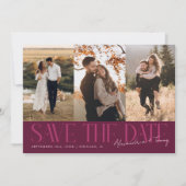 Modern Multi Photo Couple's Signature Cranberry Save The Date (Voorkant)